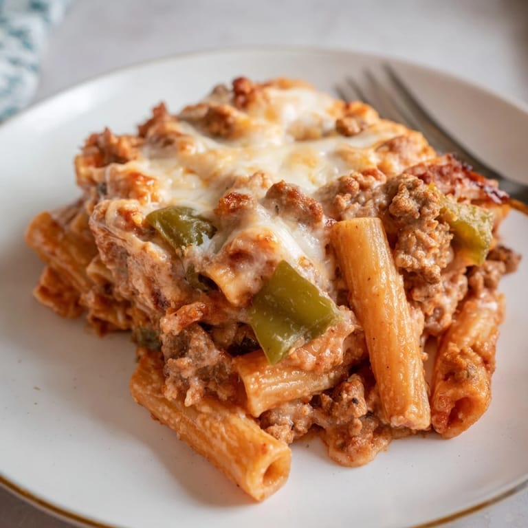 Golden Green Pepper Pork Pasta Bake, a hearty dish bursting with rich flavors.
