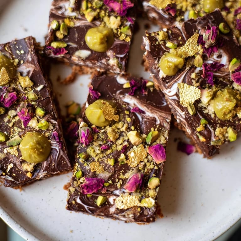 Gourmet chocolate dessert squares featuring a crunchy layer and aromatic spices.  