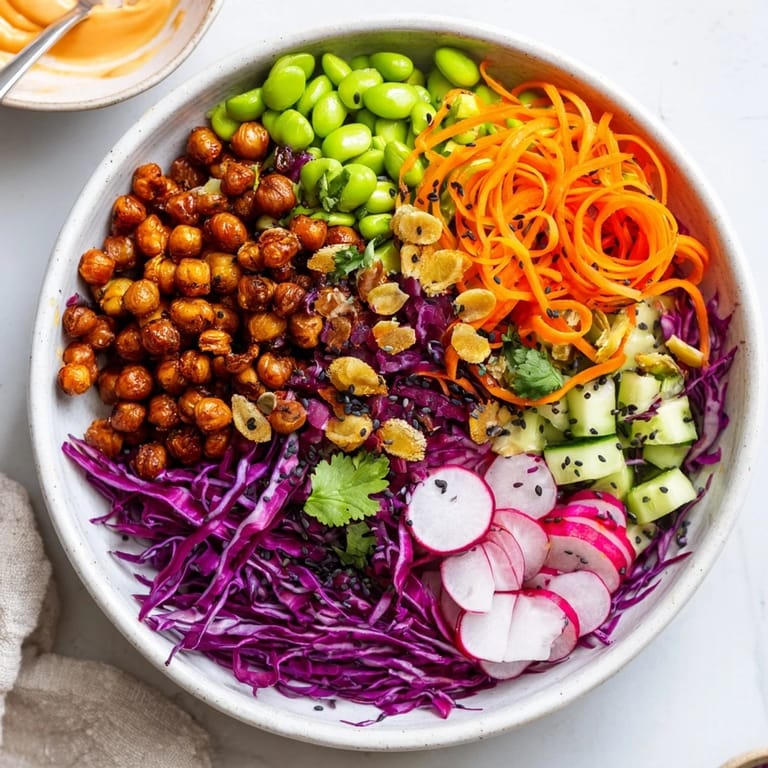 Vibrant ASMR Crunch Snack Bowls topped with roasted chickpeas and colorful radishes.  