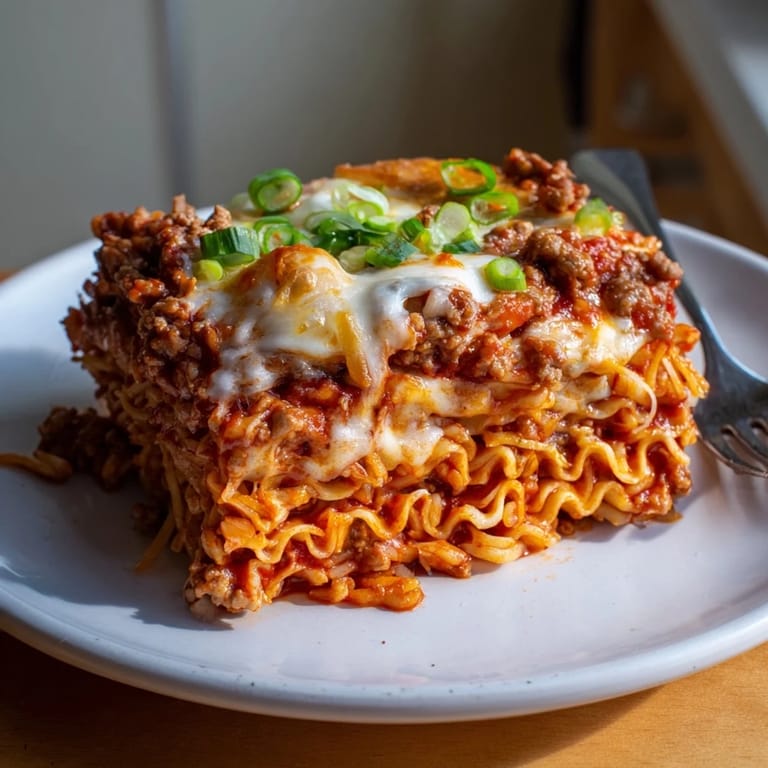 Sizzling Spicy Ramen Lasagna topped with bubbling mozzarella and a hint of spice.  