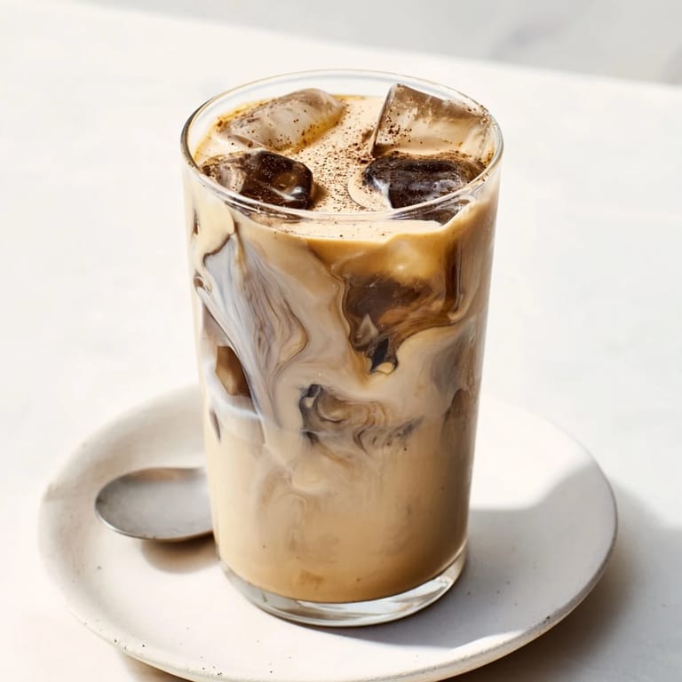 Refreshing vegan tahini iced coffee topped with plant-based milk and cocoa dusting.  