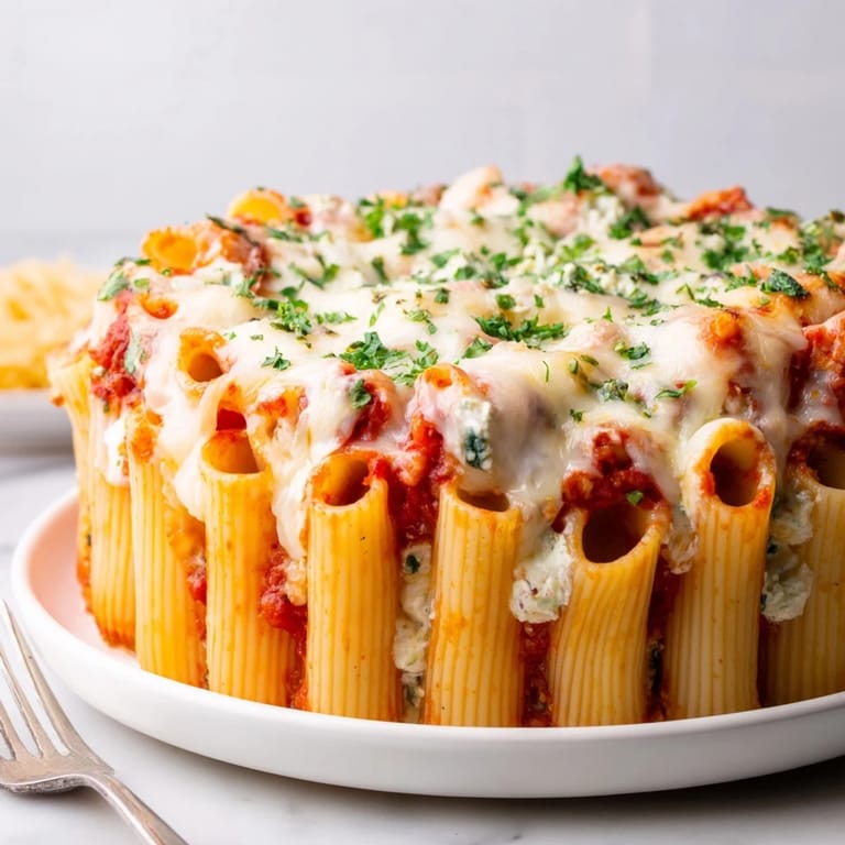 Baked Honeycomb Pasta Cake filled with rich tomato sauce and creamy ricotta layers.  