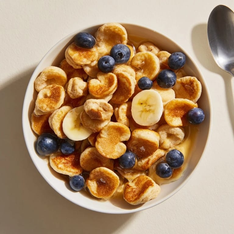 Bite-sized fluffy pancakes served in a bowl with milk and honey drizzle.  