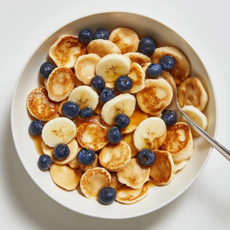 Crispy mini pancakes ready to enjoy with syrup and a side of fruit.