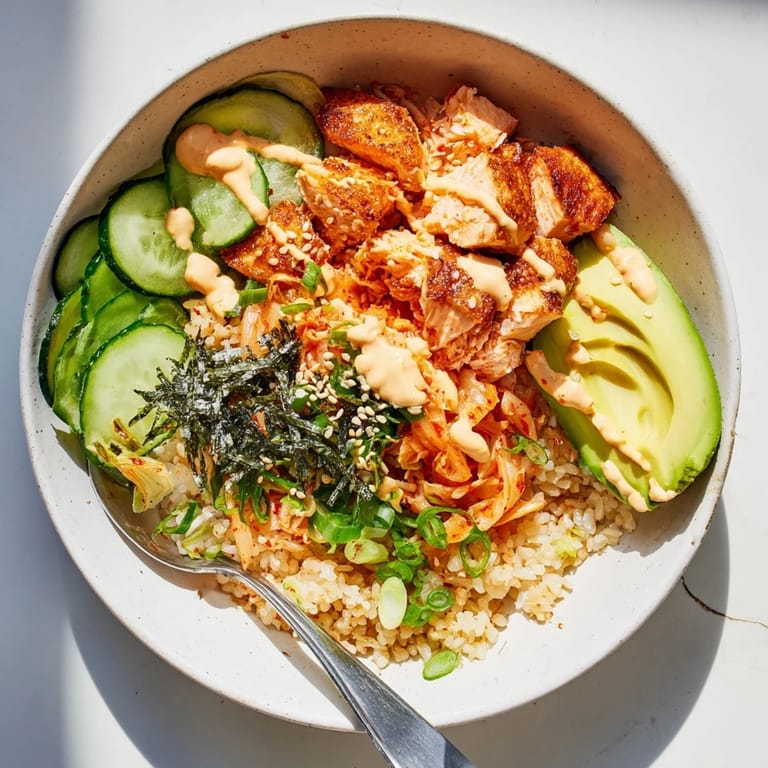 Flavorful Crispy Salmon Rice Bowl garnished with crunchy nori and sesame seeds.