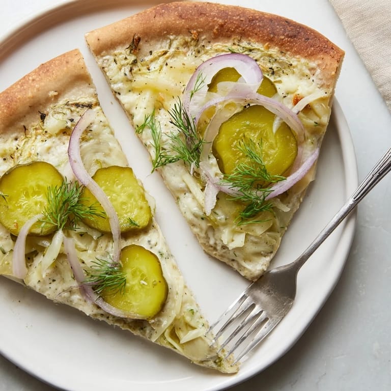 Golden-brown pickle pizza, a tangy twist perfect for adventurous food lovers.