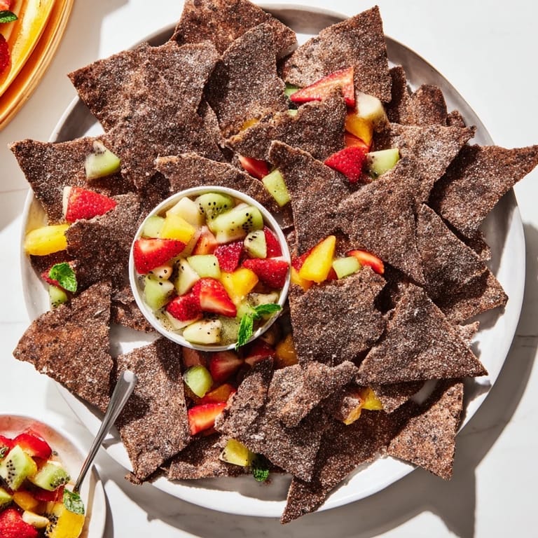 Sweet chocolate chips paired with fresh tropical fruit salsa, perfect for parties.  
