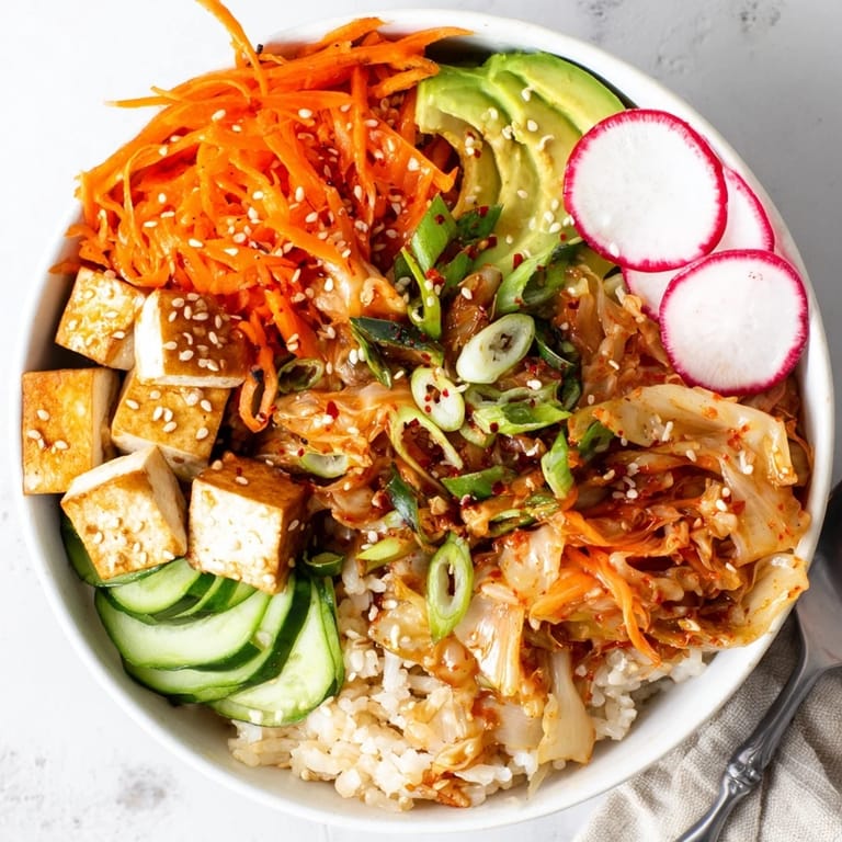 Colorful bowl of fermented vegetables featuring kimchi, avocado, and savory sesame dressing.