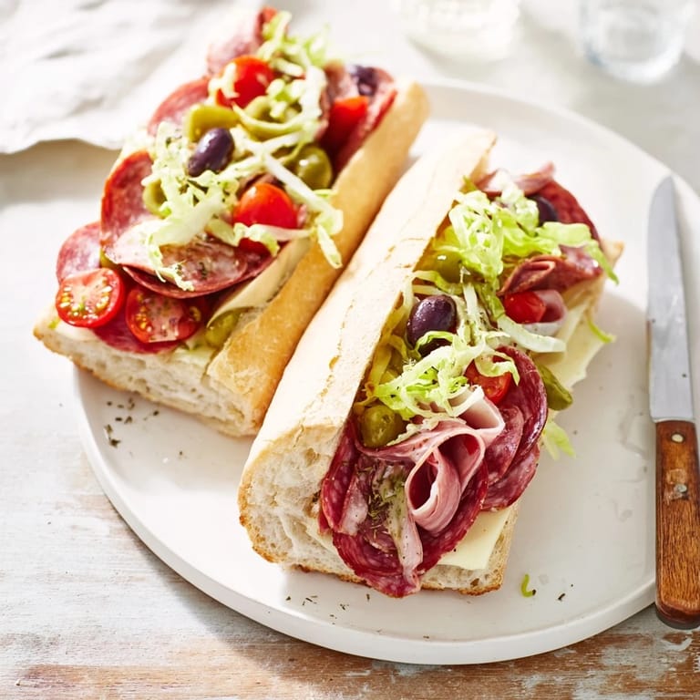 Hearty Flavor Mash-Up Sandwich bursting with savory meats and zesty pepperoncini peppers.