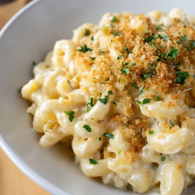 Indulgent Truffle Macaroni & Cheese, rich and cheesy, perfect for cozy dinners.