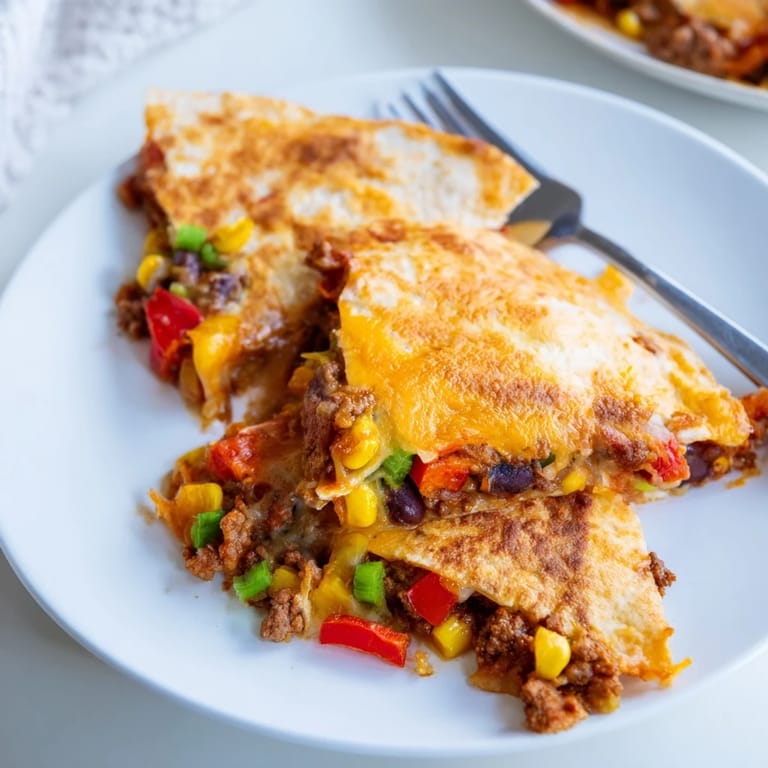 Golden-brown Sheet Pan Quesadillas with Beef, topped with vibrant veggies and cheese.  