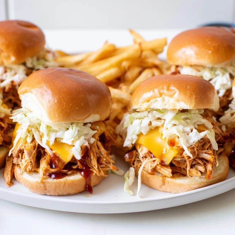 Tender shredded BBQ chicken nestled in slider buns, alongside golden, crispy fries.