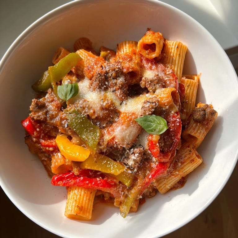 Delicious Baked Rigatoni with Sausage & Peppers, served hot and bubbling from the oven.