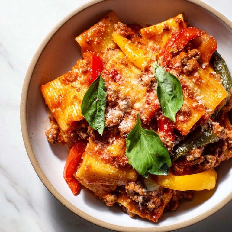 Savory Baked Rigatoni with Sausage & Peppers, a comforting Italian-American casserole delight.  