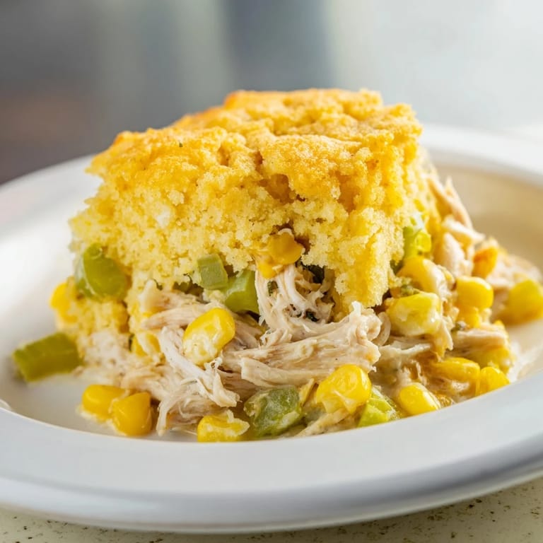 Savory Southern Cornbread Chicken Casserole with a fluffy, baked cornbread topping and a creamy filling.