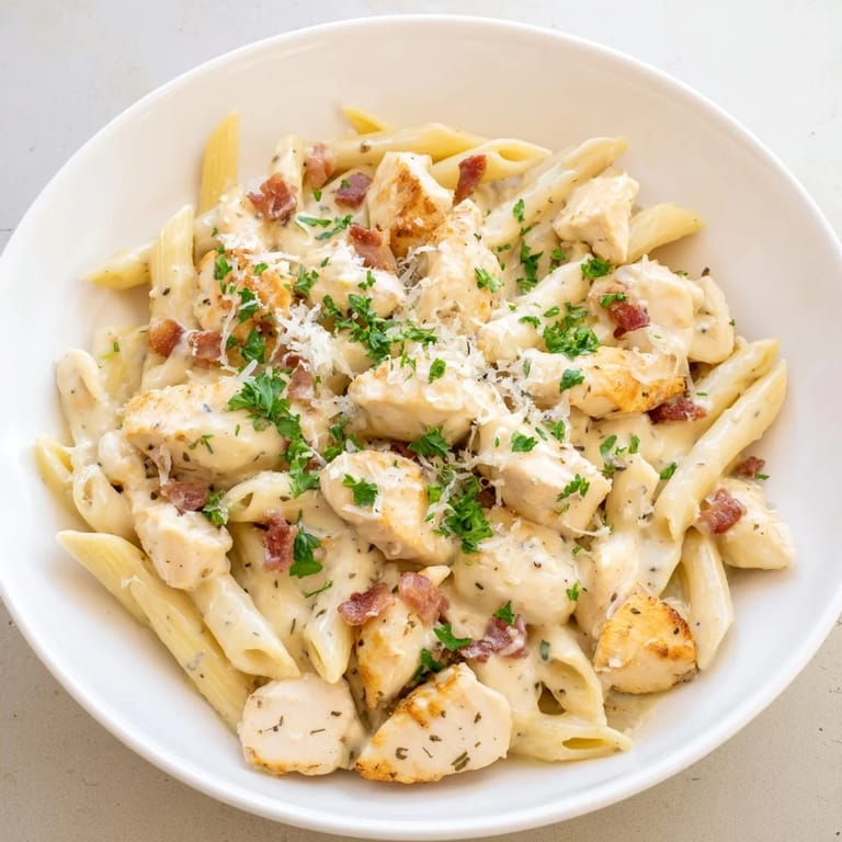 A close-up of Ranch Chicken & Bacon Penne, highlighting the tender chicken pieces coated in a flavorful ranch sauce.