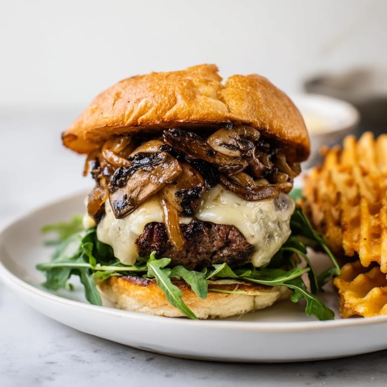 Golden, crisp waffle fries alongside a hearty Mushroom Swiss Burger, ready for a delicious meal.