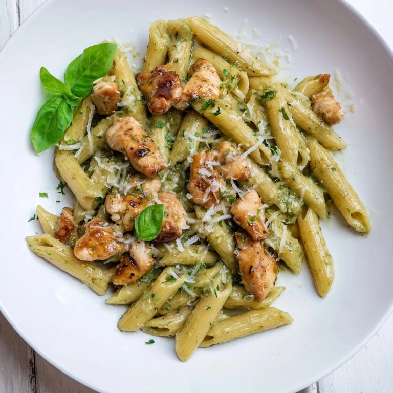 Savor the flavors: Creamy Pesto Penne & Chicken, featuring tender chicken mingling with rich pesto and Parmesan.