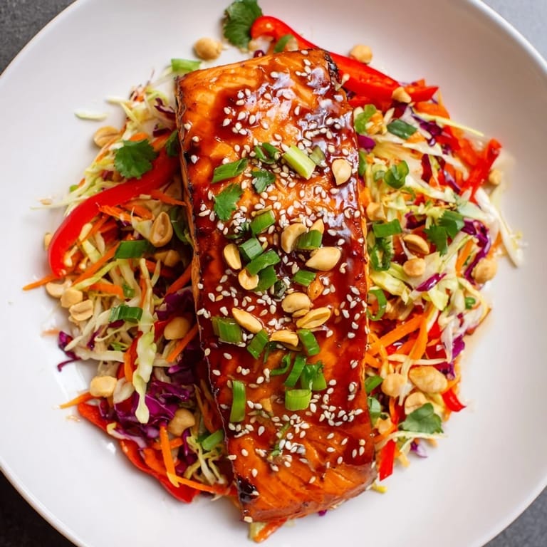A beautifully arranged teriyaki salmon bowl, showcasing the vibrant colors of Asian slaw.