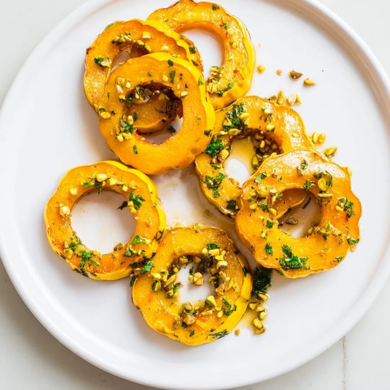 Close-up of baked delicata squash rings: vibrant, golden rings garnished with pistachios, perfect for fall.