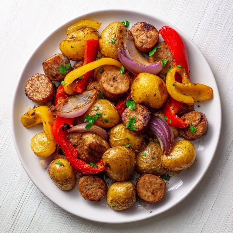 Golden potatoes and juicy sausage nestled among vibrant peppers in this Sheet-Pan Sausage recipe.