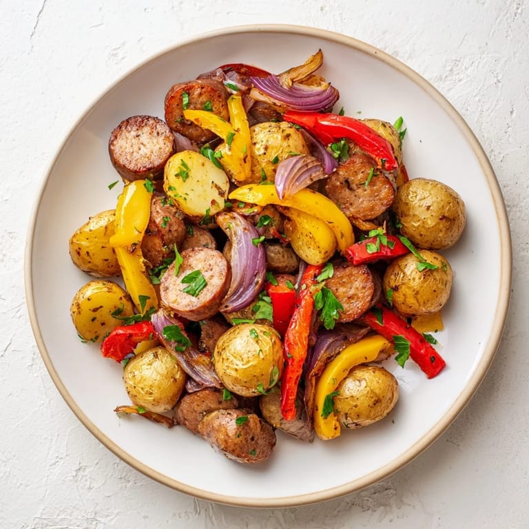 Easy Sheet-Pan Sausage with Peppers and Potatoes, ready with tender vegetables and perfectly browned sausage.