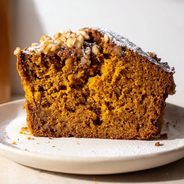 A slice of homemade pumpkin bread, moist and delicious, perfect for breakfast or dessert.