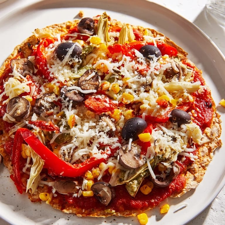 Quick and easy tortilla pizza featuring colorful toppings and perfectly melted mozzarella cheese.