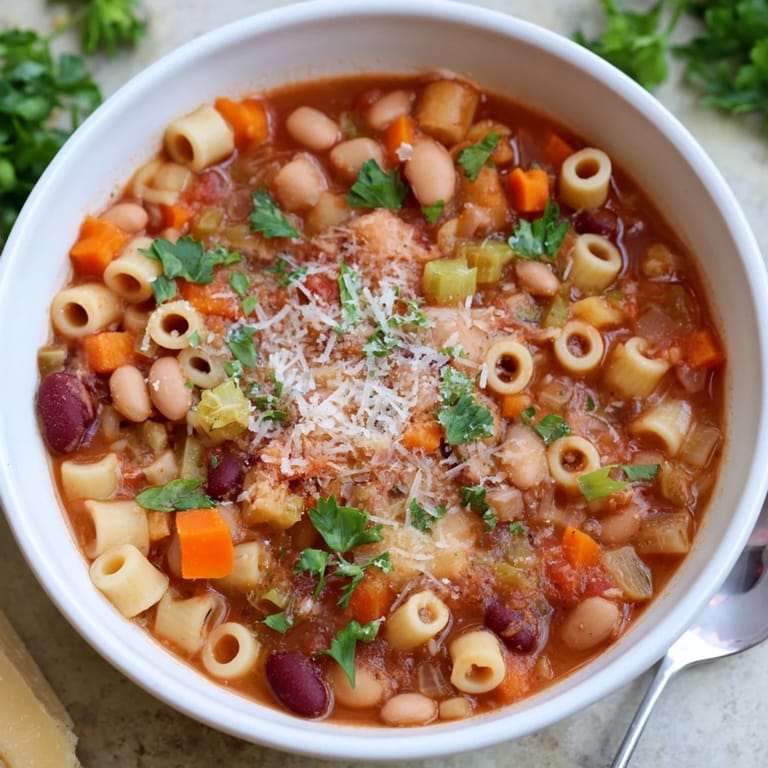 A steaming bowl of comforting Pasta e Fagioli Soup - rich tomato broth with pasta and herbs.
