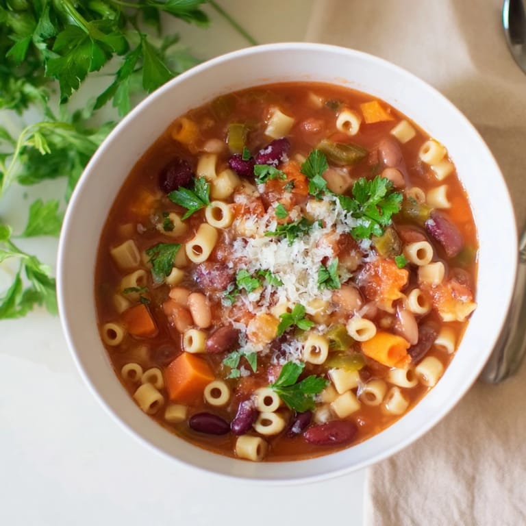 Hearty Pasta e Fagioli Soup, full of vegetables and ready to enjoy with a crusty bread.