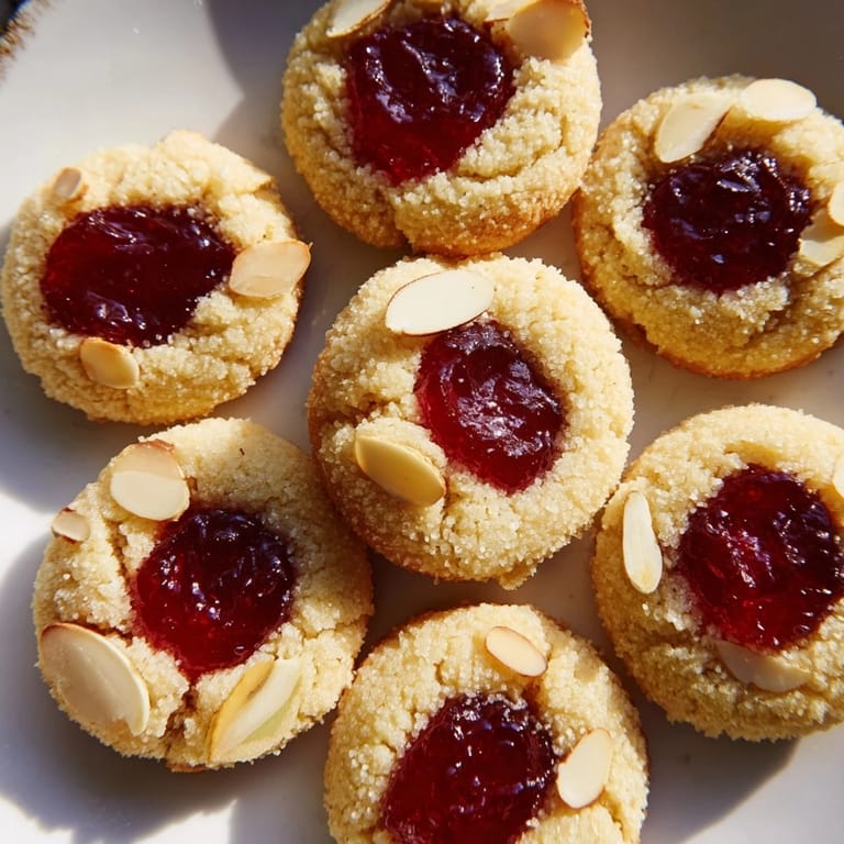 Close-up of freshly baked Cherry Almond Thumbprint Cookies with a vibrant cherry jam center, ready to eat.