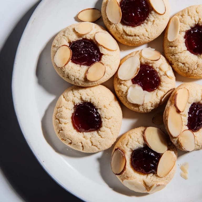 Sweet, buttery Cherry Almond Thumbprint Cookies arranged on a cooling rack; a delicious American dessert.