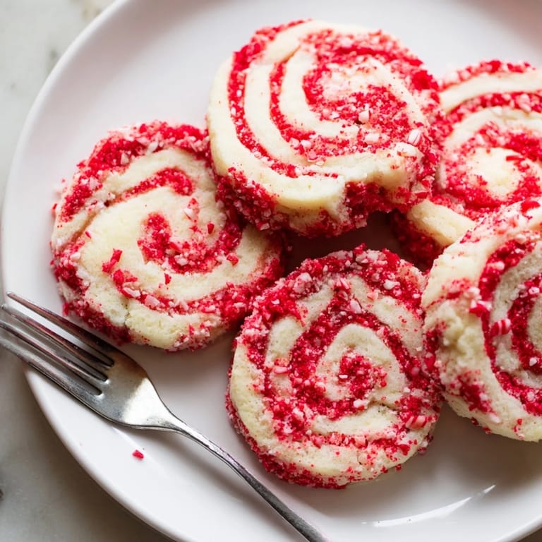 Close-up of freshly baked Candy Cane Pinwheel Cookies, showcasing the peppermint flavor and holiday beauty.