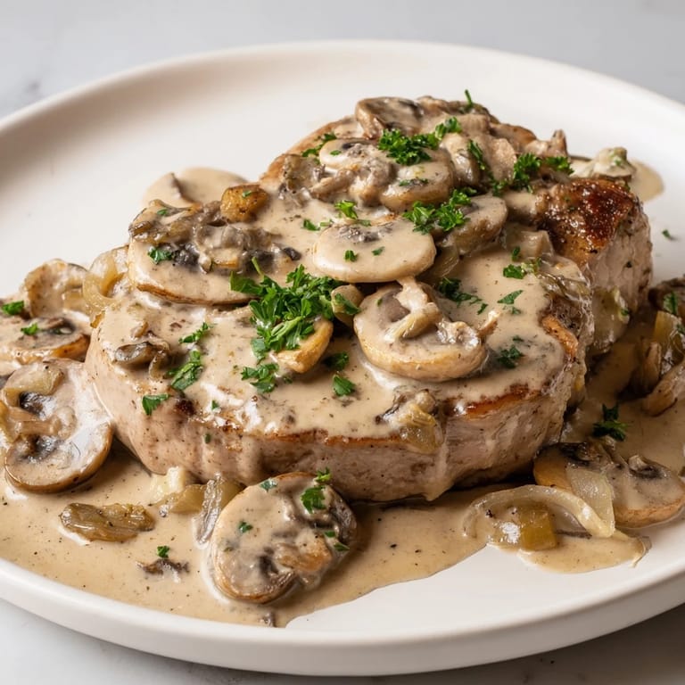 A close-up of tender Stove Top Pork Chops swimming in creamy mushroom sauce, ready to eat.