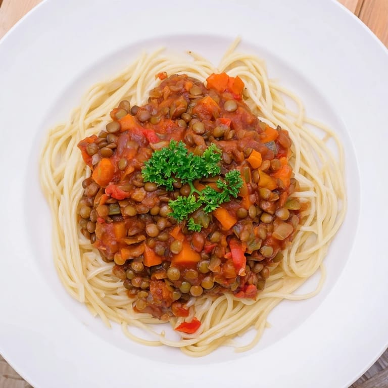 A steaming bowl of Hearty Lentil Bolognese, thick tomato sauce over perfectly cooked pasta, ready to eat.