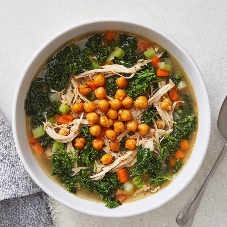 Homemade Chicken Kale Soup with Crispy Chickpeas topped with golden, crunchy chickpeas for added texture.