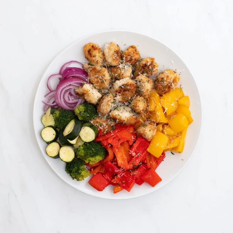 One-pan Garlic Parmesan Chicken Bites, beautifully browned with herbs and cheese, accompanied by roasted bell peppers.