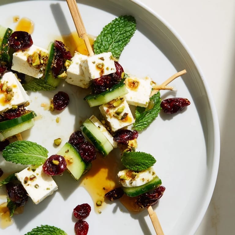 Get ready for these vibrant Holiday Cranberry-Feta Skewers drizzled with honey, ready to serve!