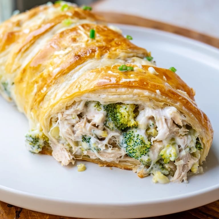 Flaky, golden-brown Creamy Chicken and Broccoli Puff Pastry Rolls, brushed with egg wash, perfect for dinner.