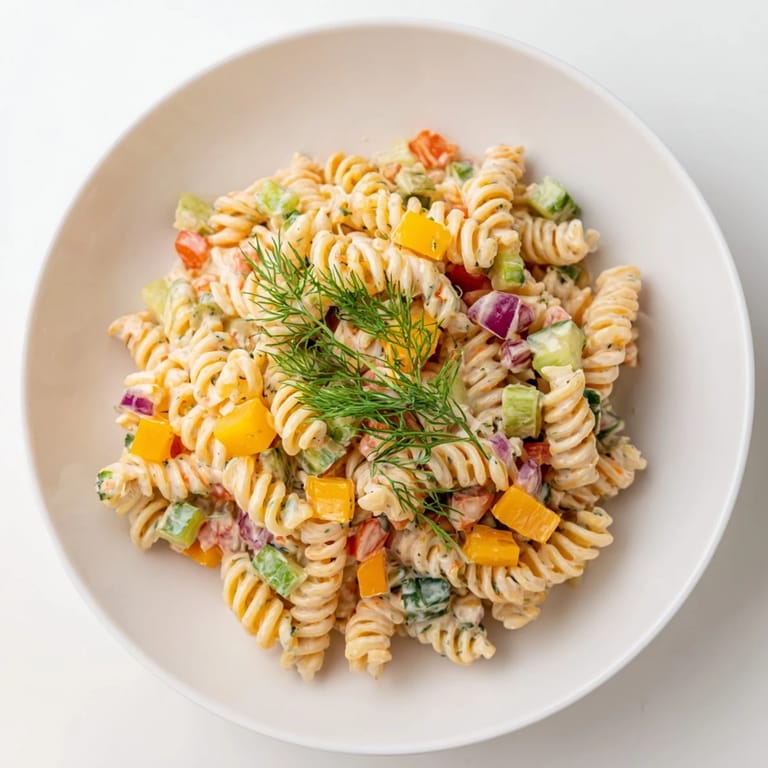 This close-up shot of Dill Pickle Chopped Pasta Salad shows the textures of the pickles and pasta.