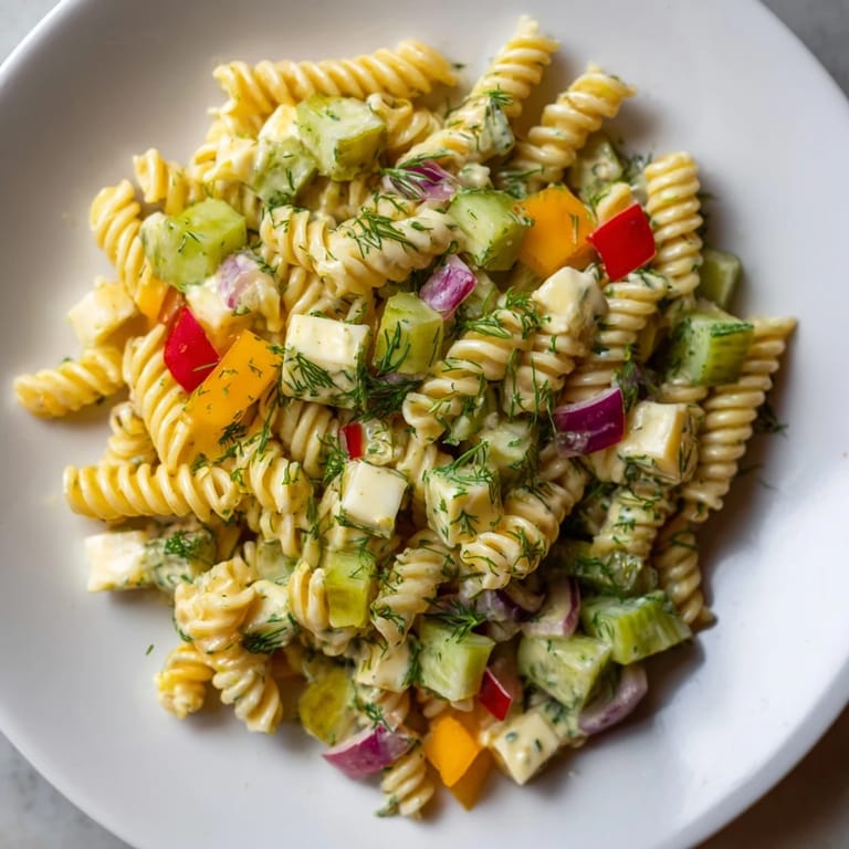 Enjoy this refreshing Dill Pickle Chopped Pasta Salad; a perfect vegetarian dish to brighten any meal.