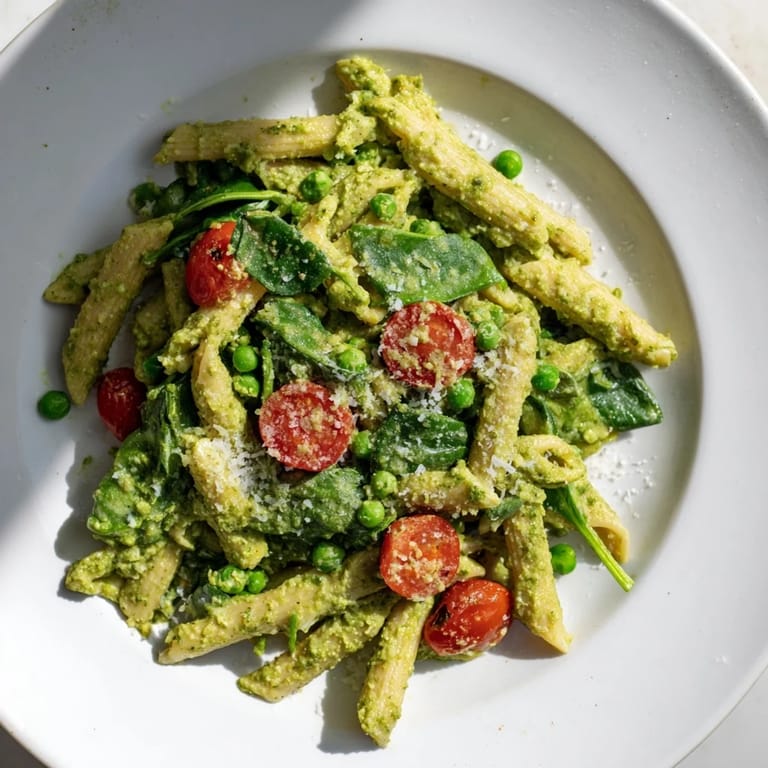 This hearty one-pot creamy pesto pea protein pasta showcases a rich, creamy sauce coating the pasta.