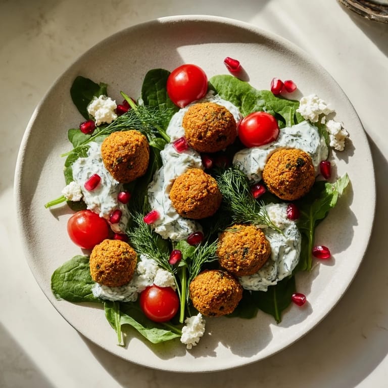 Crispy falafel arranged into a wreath with tzatziki, a delightful meal inside the Festive Falafel Wrap.