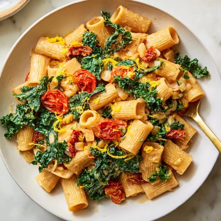 Warm, creamy Healthy Tuscan White Bean & Kale Christmas Pasta with vibrant kale, ready to enjoy.