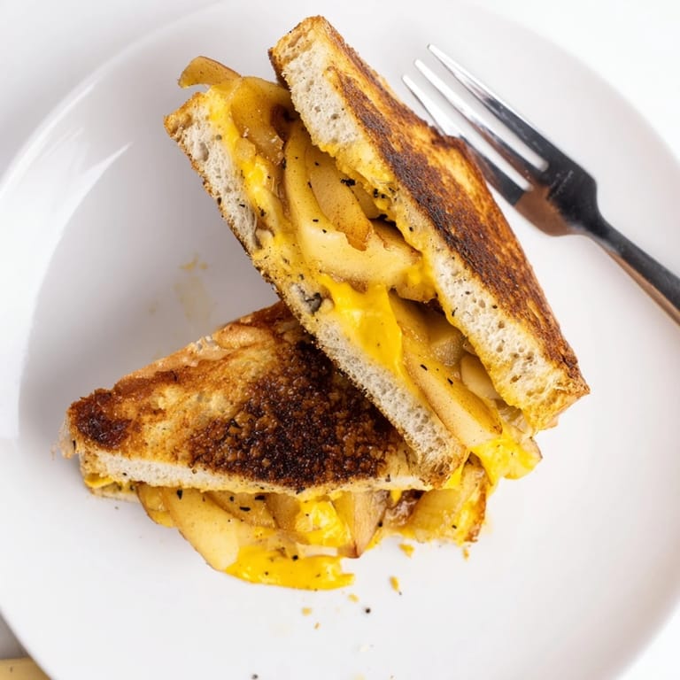 Melted cheddar cheese oozes on this warm Caramelized Onion, Apple & Cheddar Grilled Cheese sandwich.