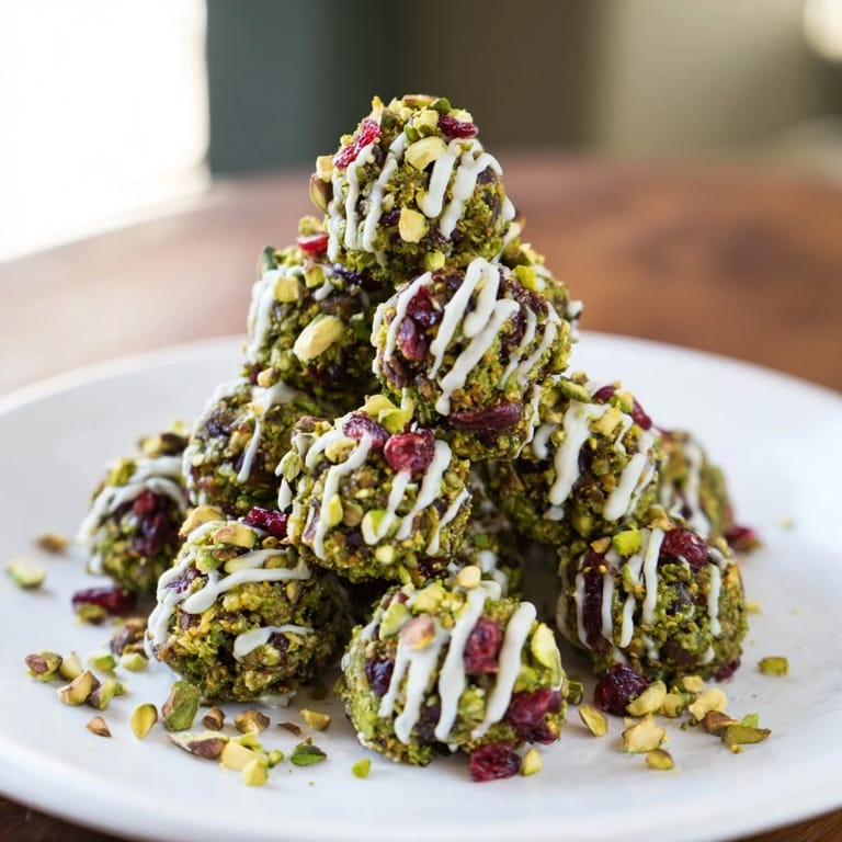 Vivid green Matcha Pistachio Christmas Tree Energy Bites topped with ruby-red cranberries: a festive, no-bake delight.