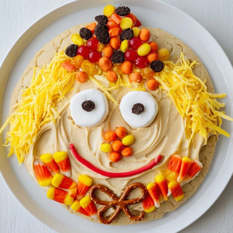 Festive Scarecrow Candy Platter creation with a cookie base, decorated with candy corn and licorice mouth.