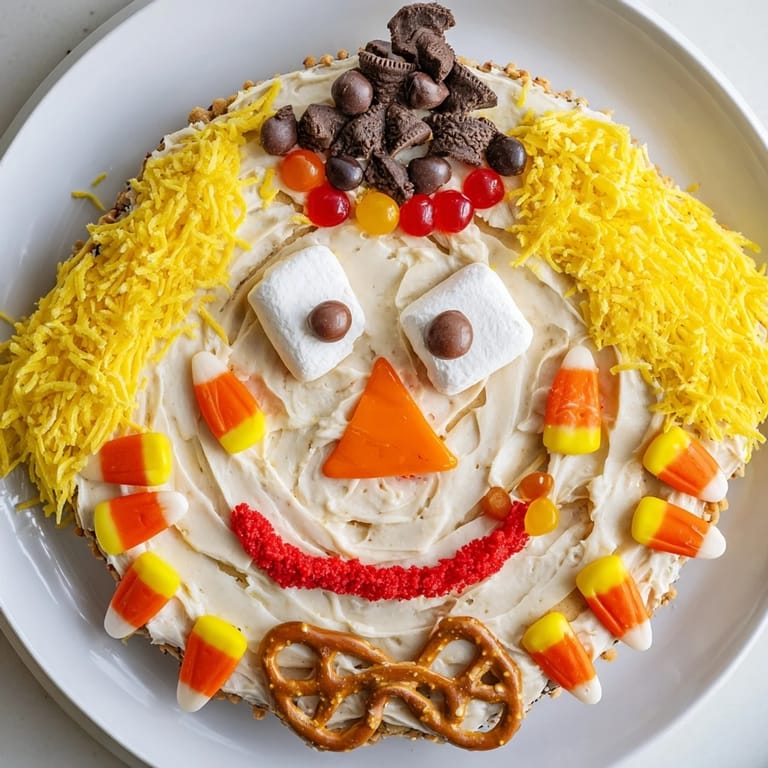 Homemade Scarecrow Candy Platter with pretzel stick bow tie arranged on a platter, ready to serve and enjoy.