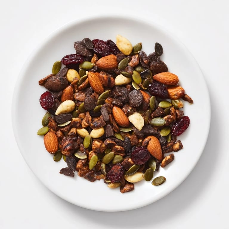 Close-up of crunchy Acorn & Oak Snack Mix, a gluten-free snack with dried cranberries visible.