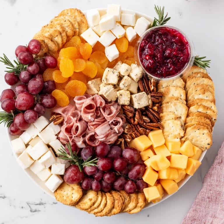 Beautiful holiday Cranberry Wreath Platter with assorted cheeses, crackers, and fruits for entertaining.